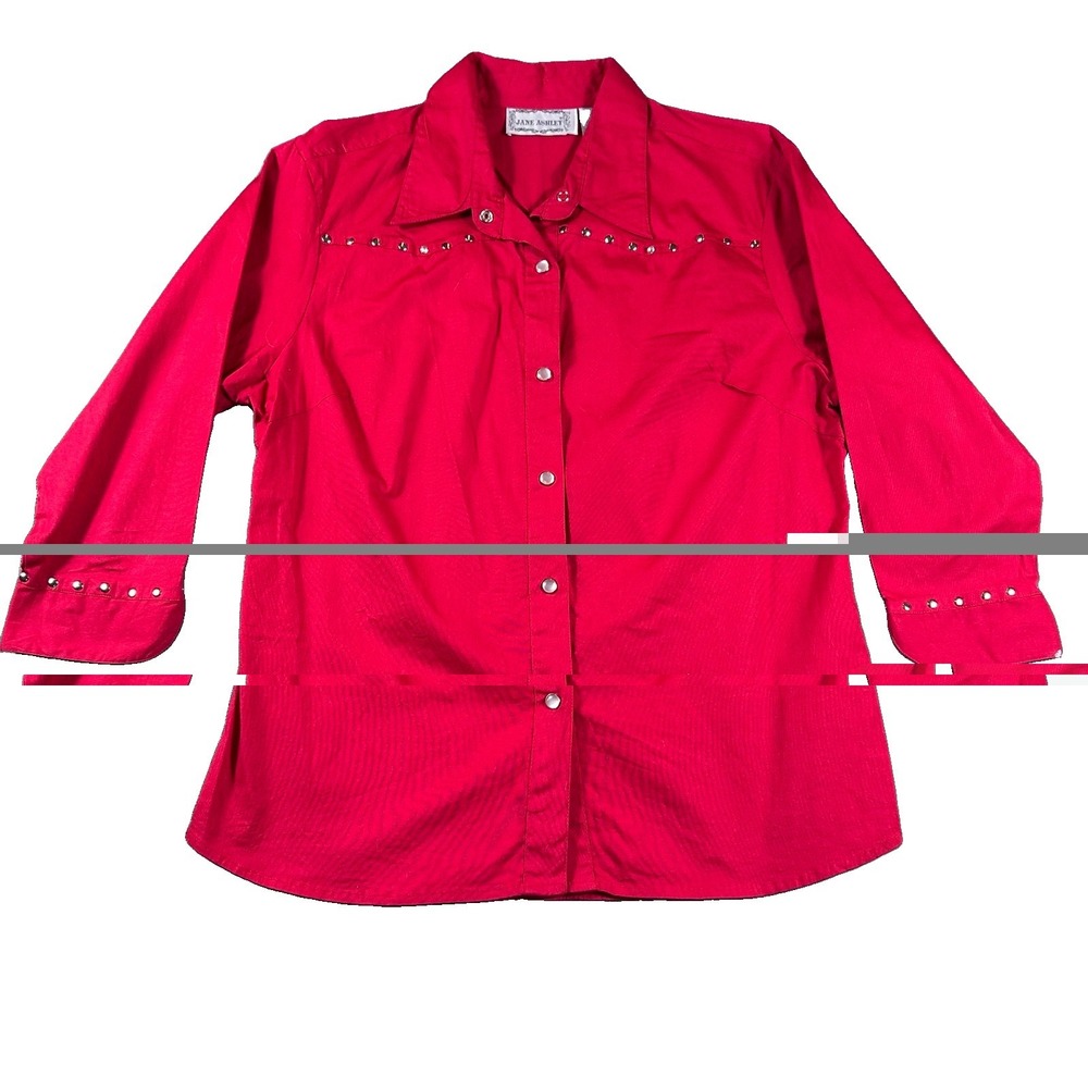 Vintage Jane Ashley Red Top Womens Large Silver Studs 3/4 Sleeves Retro Western